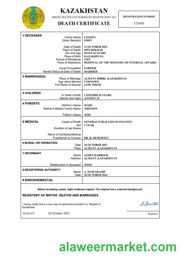 Kazakhstan death certificate Word and PDF template